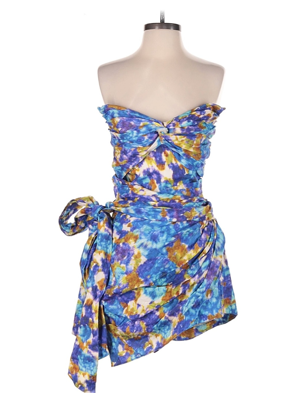 Strapless Blue Multiwatercolor Tie-Waist Dress